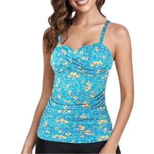 Relleciga Ruched Floral Tankini Bathing Suit Top Womens Small Bandeau